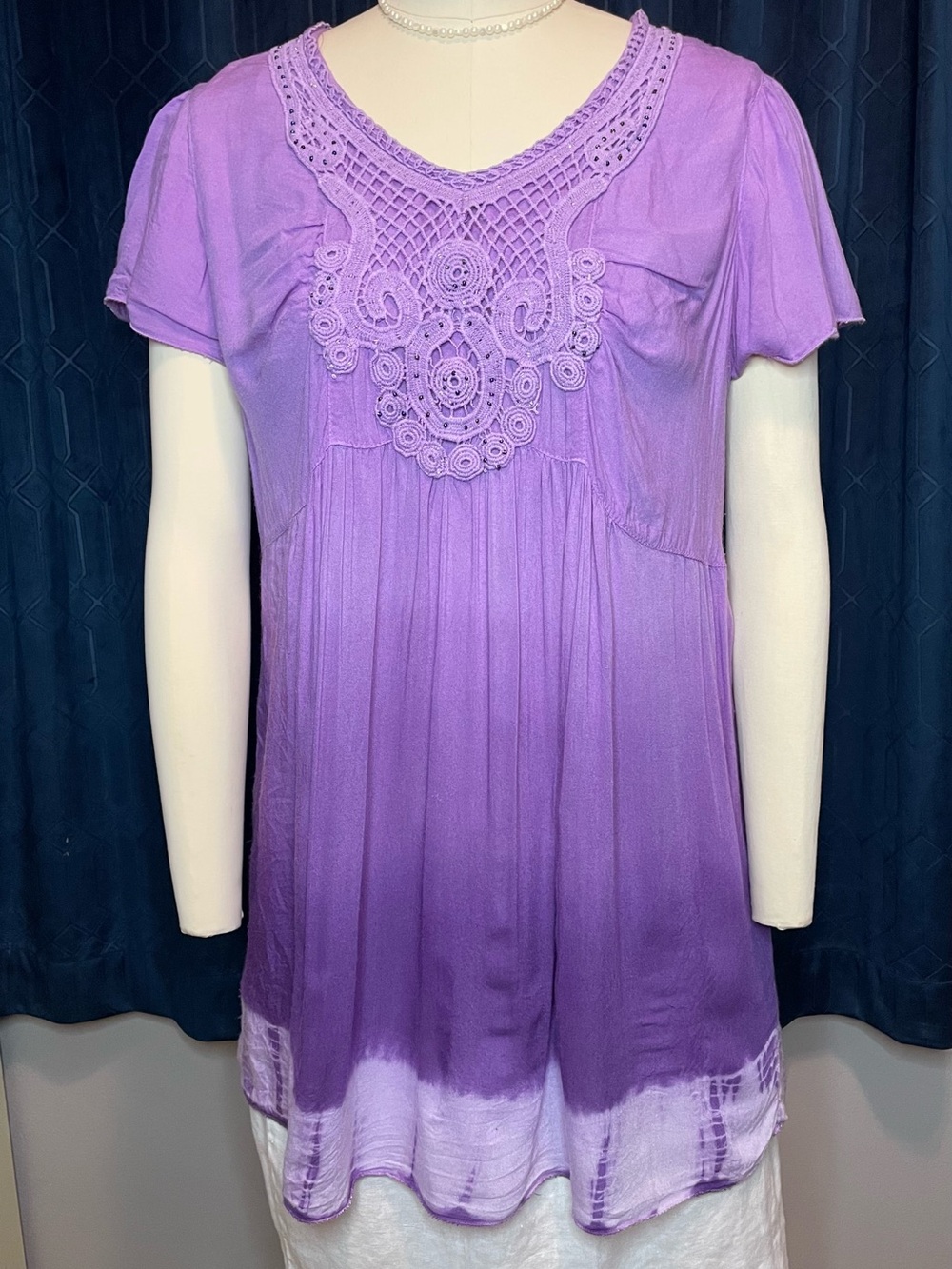 Westbound Purple Crochet Yoke Short Sleeve Tunic